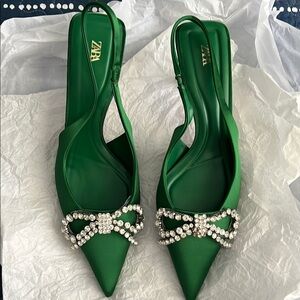 Zara Green Heels with Rhinestone Bow